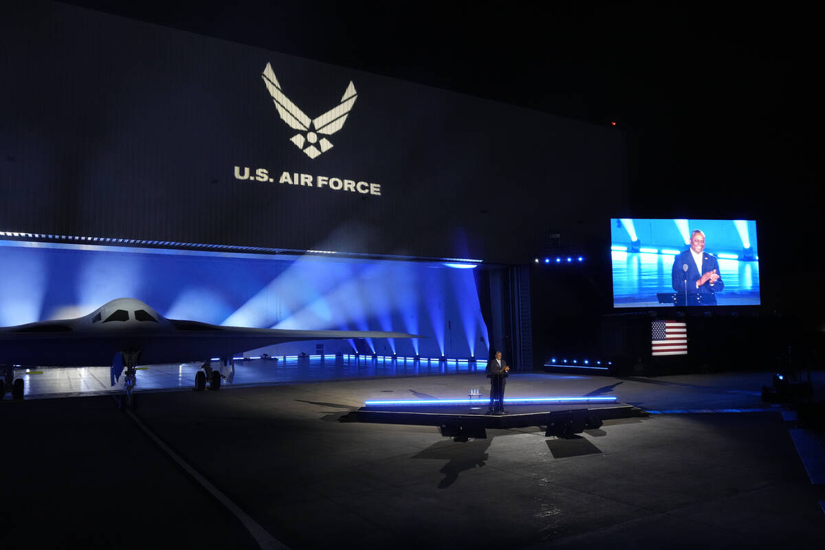 Secretary of Defense Lloyd Austin introduces the B-21 Raider stealth at Northrop Grumman Friday ...