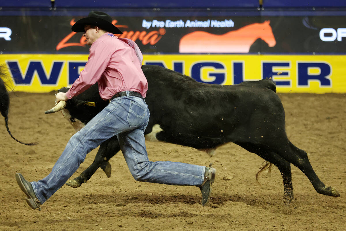 Ty Erickson competes in the steer wrestling event in the 64th Wrangler National Finals Rodeo at ...