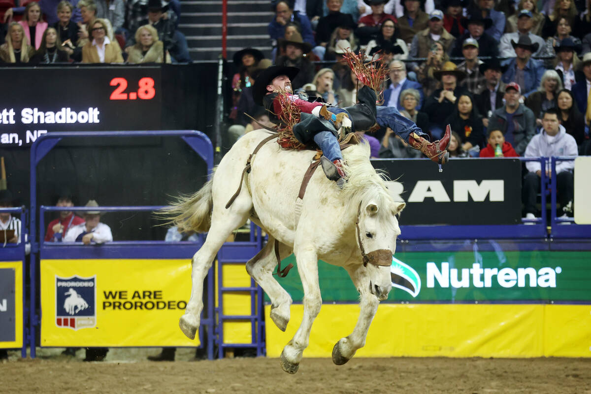 Garrett Shadbolt competes in the bareback riding event in the 64th Wrangler National Finals Rod ...