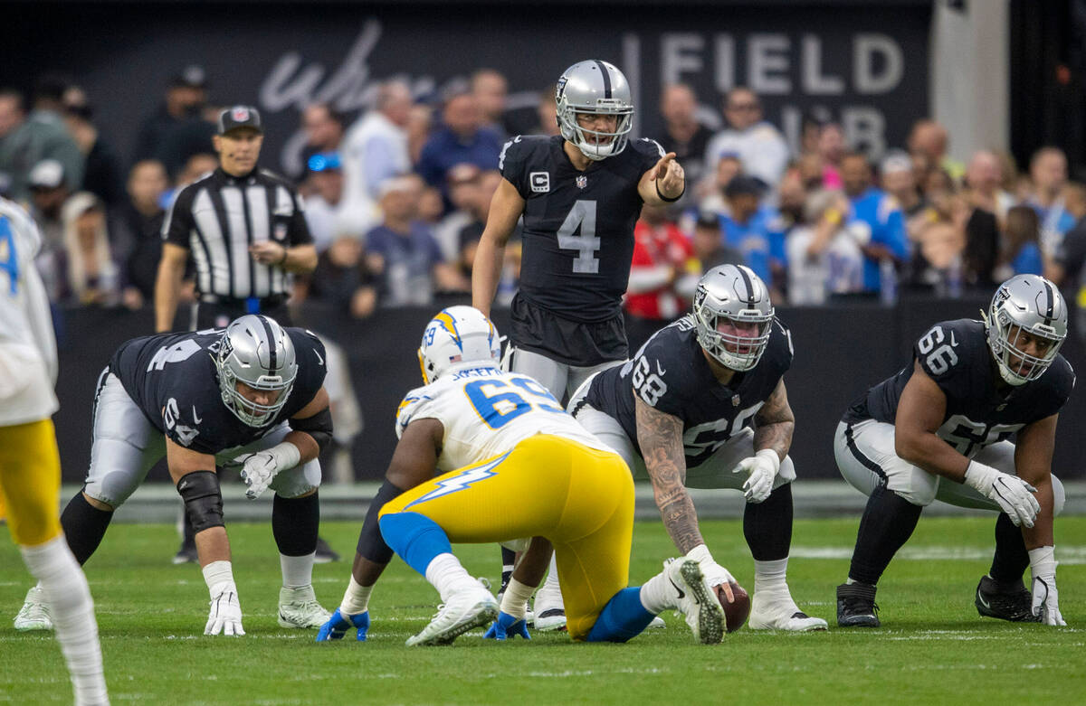 Raiders quarterback Derek Carr (4) directs the play at the line of scrimmage behind guard Alex ...