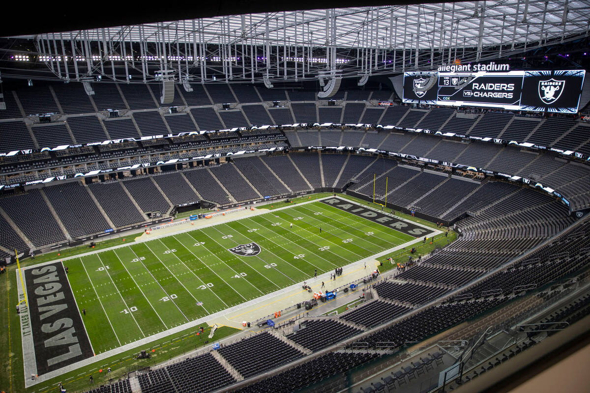 An overview of Allegiant Stadium before an NFL game at between the Los Angeles Chargers and the ...
