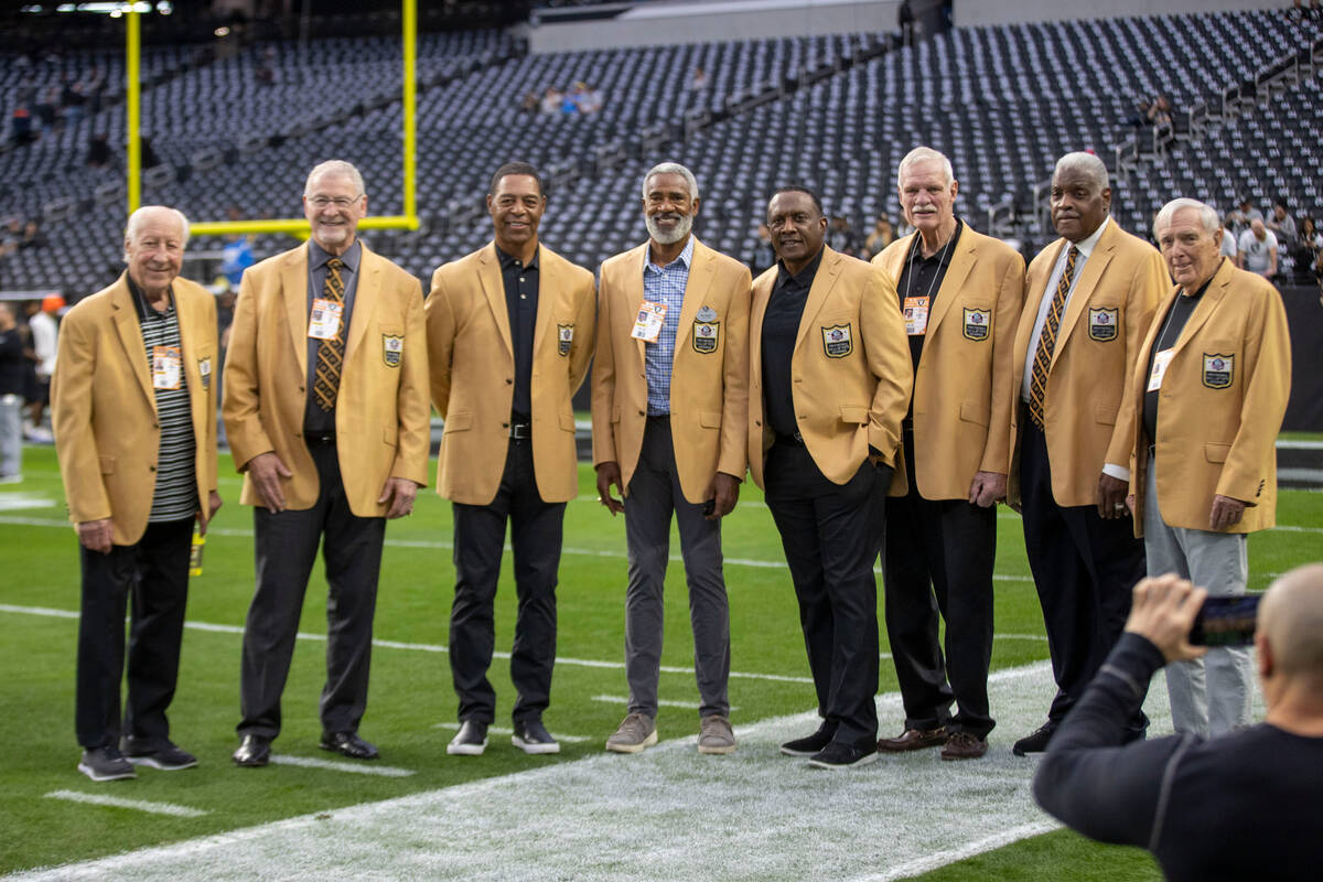 Raiders Hall of Famers, from left, Fred Biletnikoff, Ron Mix, Marcus Allen, Mike Haynes, Tim Br ...
