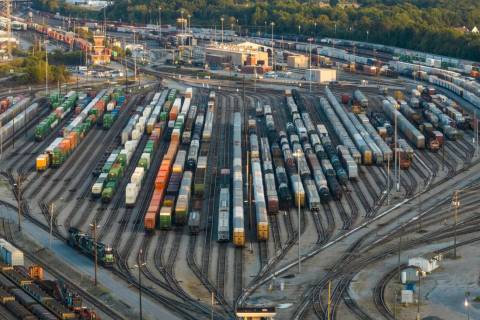 Freight train cars sit in a Norfolk Southern rail yard on Sept. 14, 2022, in Atlanta. (AP Photo ...