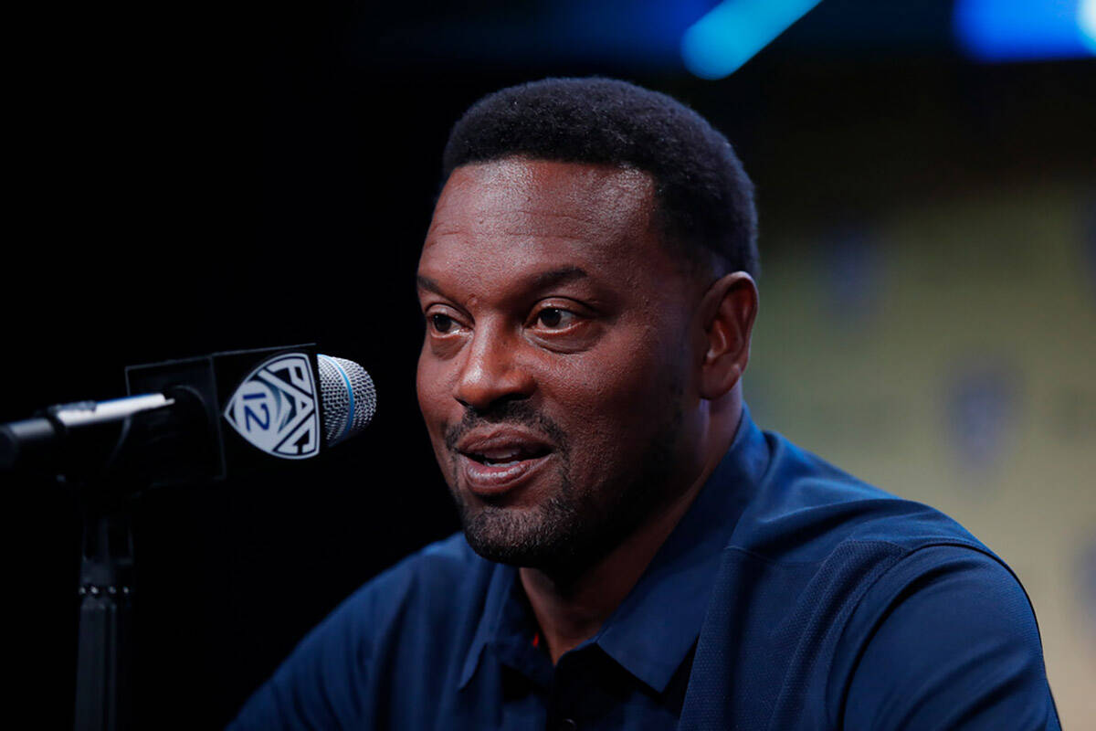 Arizona head coach Kevin Sumlin speaks at the Pac-12 Conference NCAA college football Media Day ...