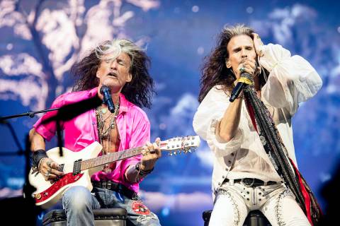 Steven Tyler and Joe Perry perform during the return of "Deuces Are Wild" at Dolby Live at Park ...