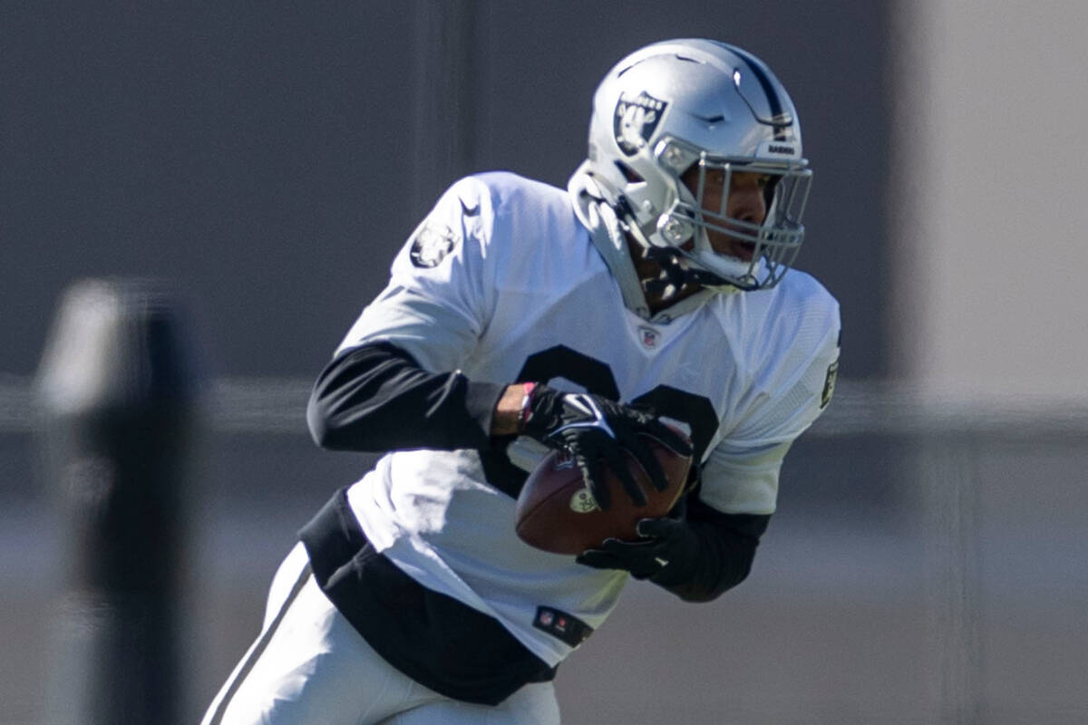 Raiders tight end Darren Waller (83) makes a catch during practice at the Intermountain Healthc ...