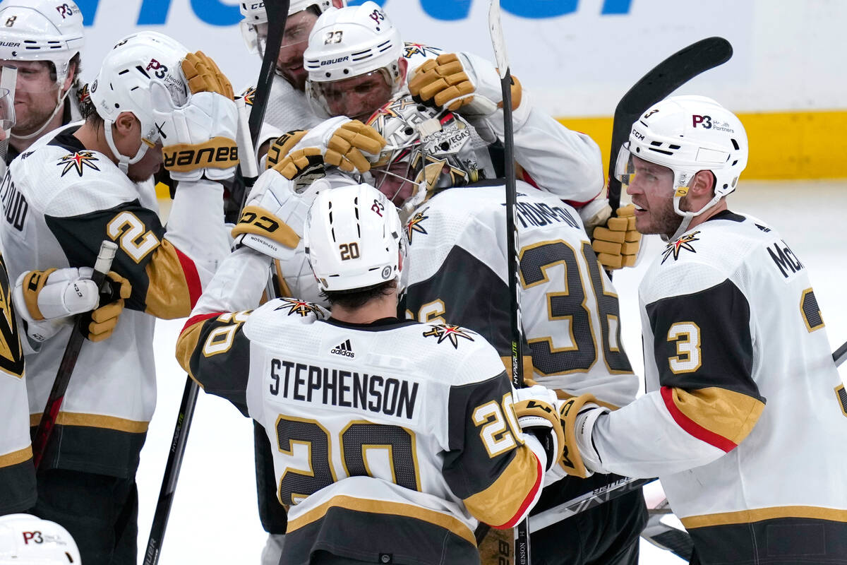 Vegas Golden Knights goaltender Logan Thompson (36) is congratulated after defeating the Boston ...