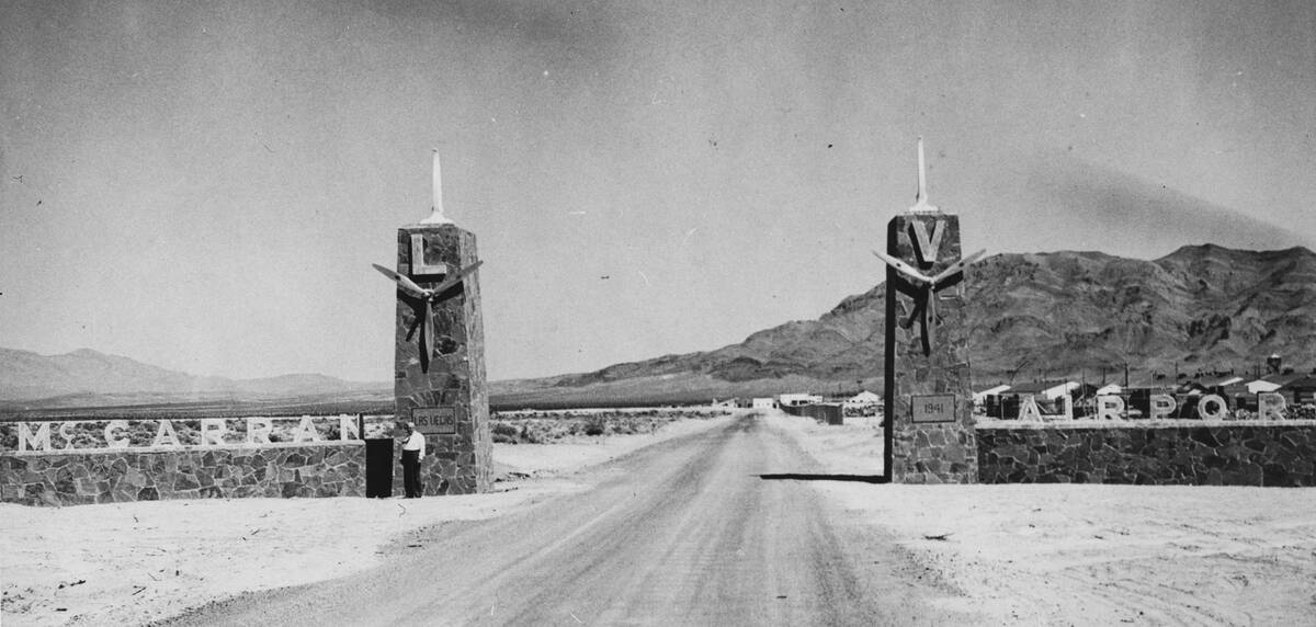 Undated early photo of the McCarran Field main gate. (Courtesy Nellis AFB)