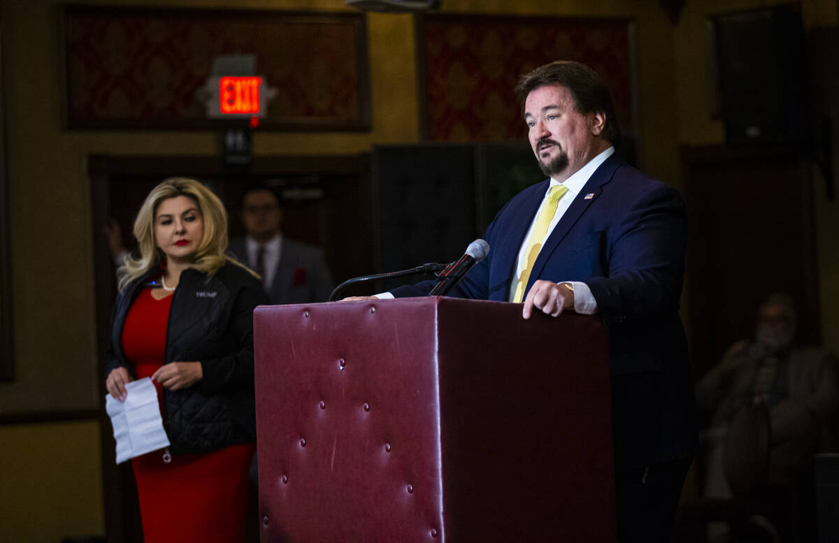 Michael McDonald, chair of the Nevada Republican Party, introduces Las Vegas Councilwoman Miche ...