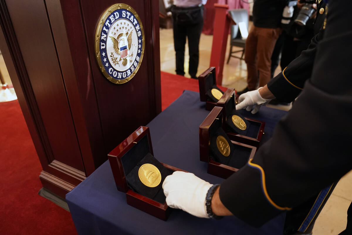 Congressional Gold Medals are placed before a ceremony honoring law enforcement officers who de ...