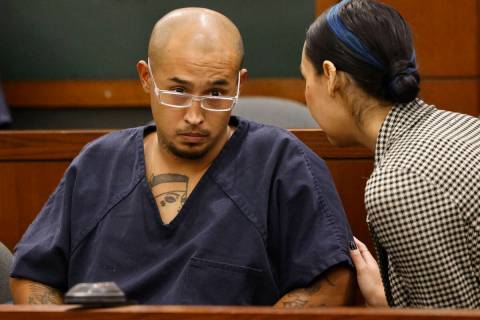 Victor Villanueva listens to his attorney, Paloma Guerrero, during his court hearing on Tuesday ...