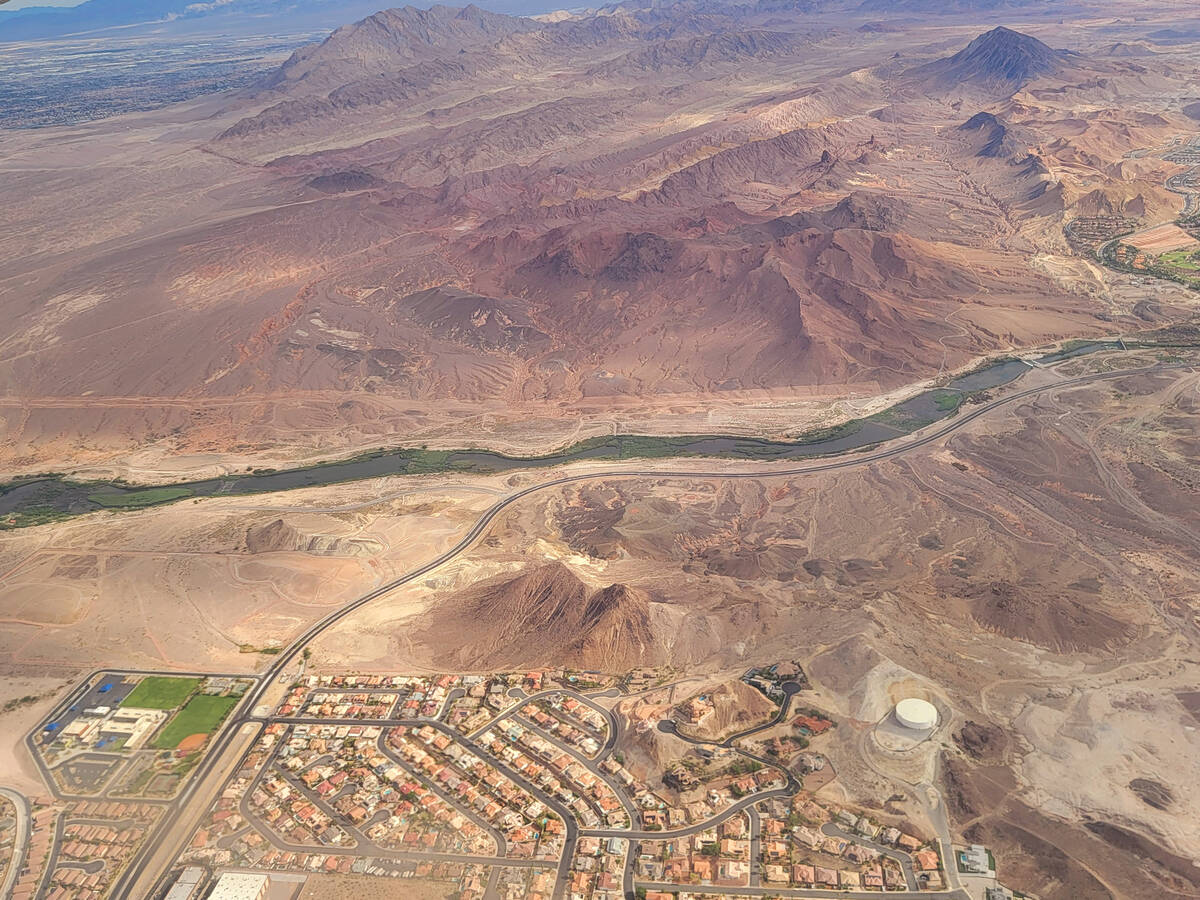 A view from an airplane of the Las Vegas Wash flowing east toward Lake Mead. Clark County Wetla ...