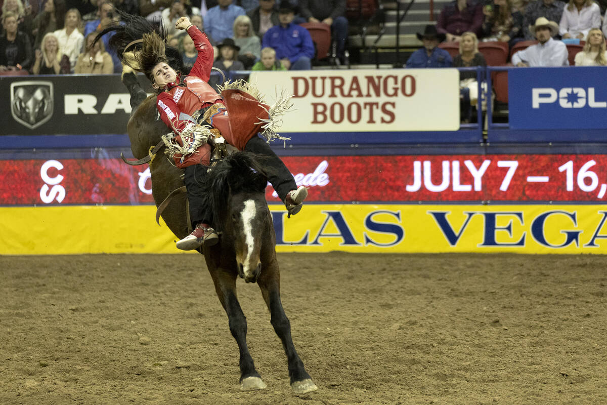 Rocker Steiner, of Weatherford, Tex., competes in bareback riding during the sixth go-round of ...