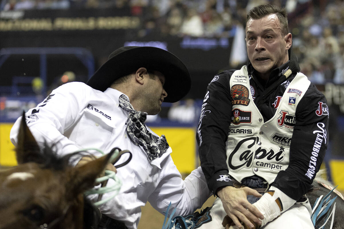 Tim O’Connell, of Zwingle, Iowa, competes in bareback riding during the sixth go-round o ...