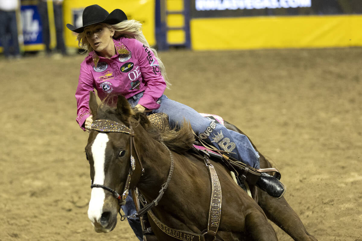 Bayleigh Choate, of Fort Worth, Tex., competes in barrel racing during the sixth go-round of th ...