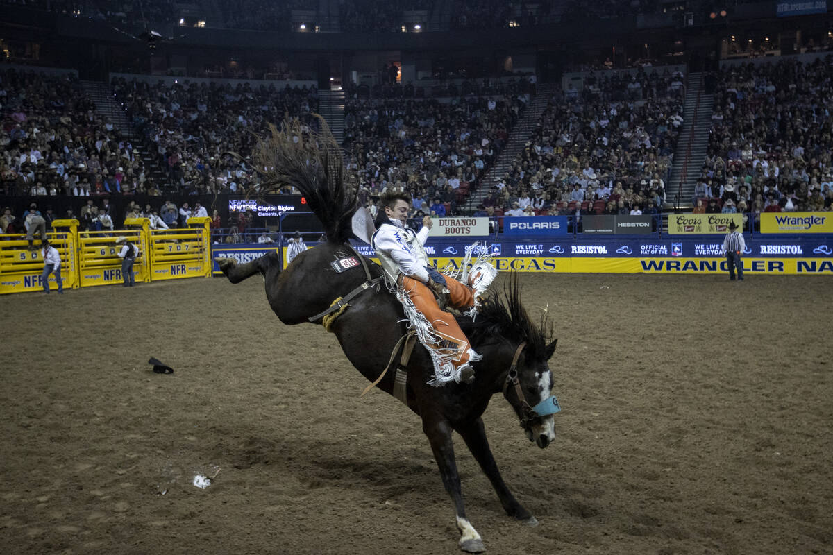 Clayton Biglow, of Clements, Calif., competes in bareback riding during the sixth go-round of t ...