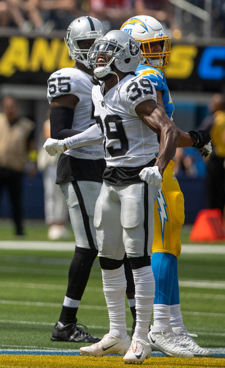 Raiders cornerback Nate Hobbs (39) celebrates a big play during the first half of an NFL game a ...