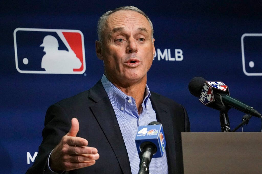 Major League Baseball commissioner Rob Manfred speaks during a news conference on Thursday, Mar ...