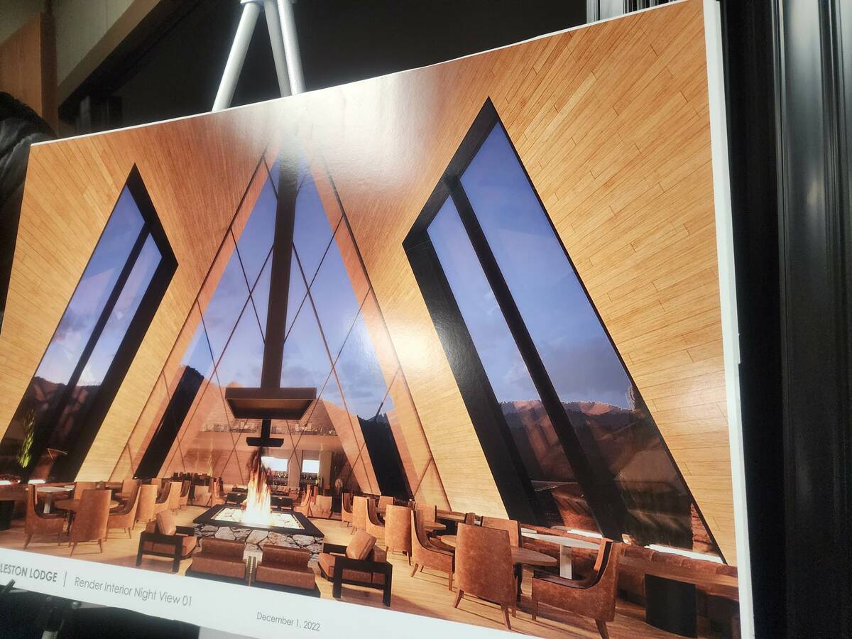Interior renderings of the Mount Charleston Lodge featuring tall windows and an A-frame shape. ...