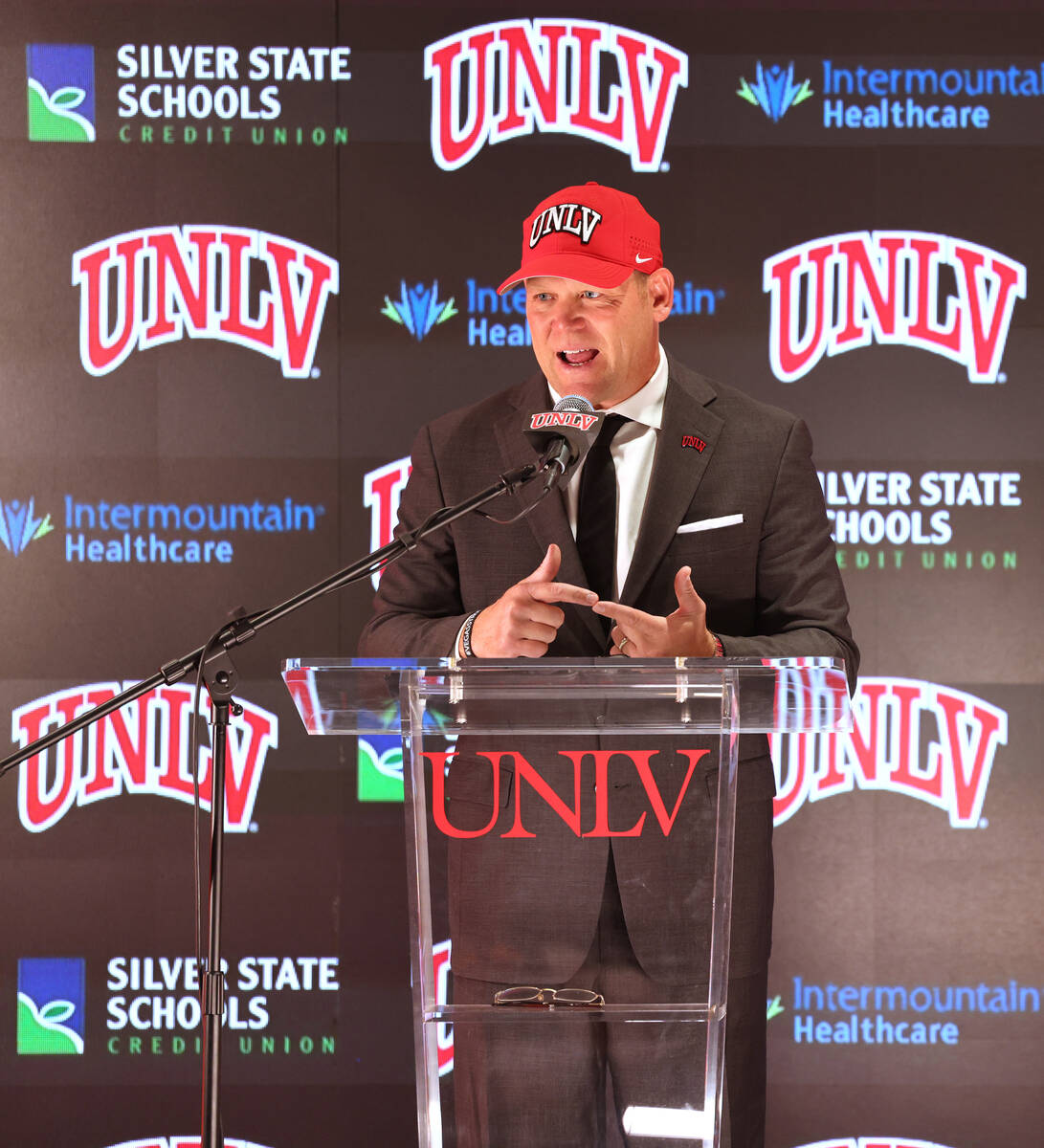 New UNLV football coach Barry Odom after being introduced at Richard Tam Alumni Hall in Las Veg ...