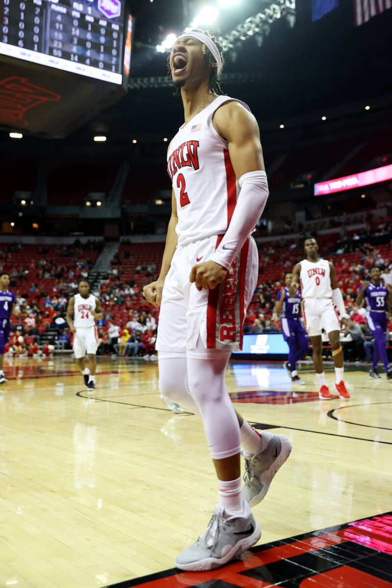 UNLV Rebels guard Justin Webster (2) reacts after a play during the second half of an NCAA coll ...