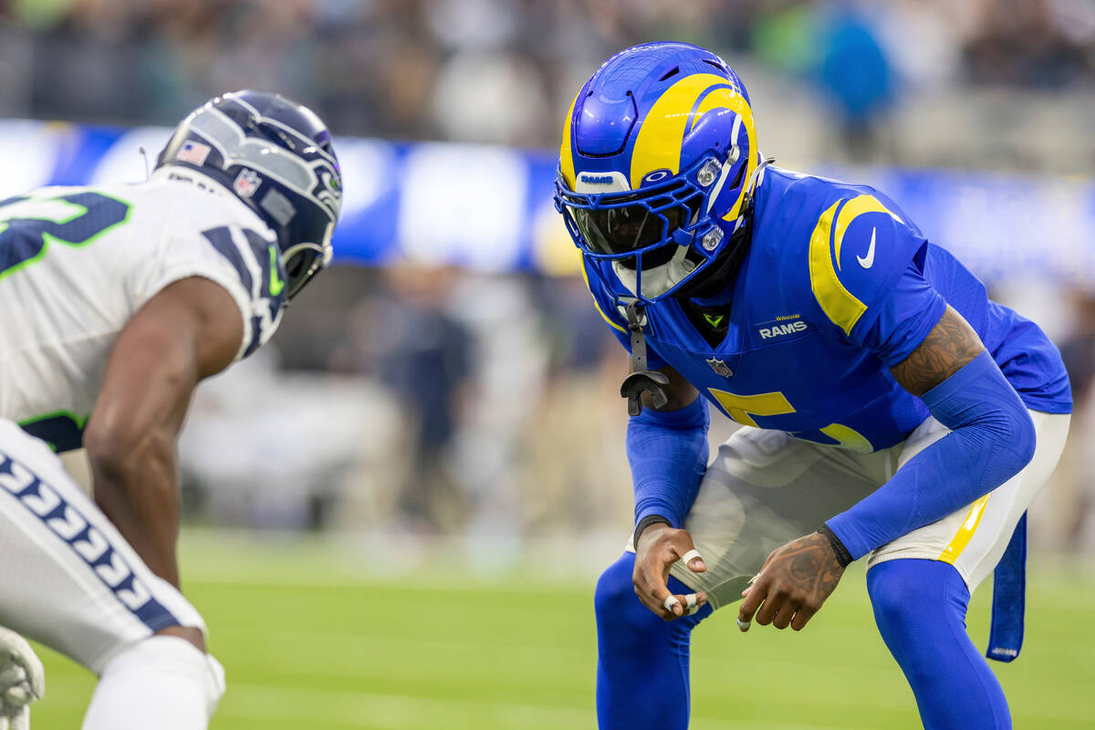 Los Angeles Rams defensive back Jalen Ramsey (5) in coverage against the Seattle Seahawks in an ...