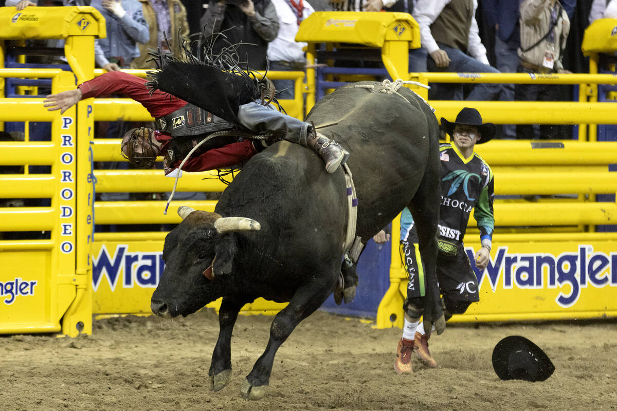 Cole Fischer, of Jefferson City, Mo., is bucked while competing in bull racing during the eight ...