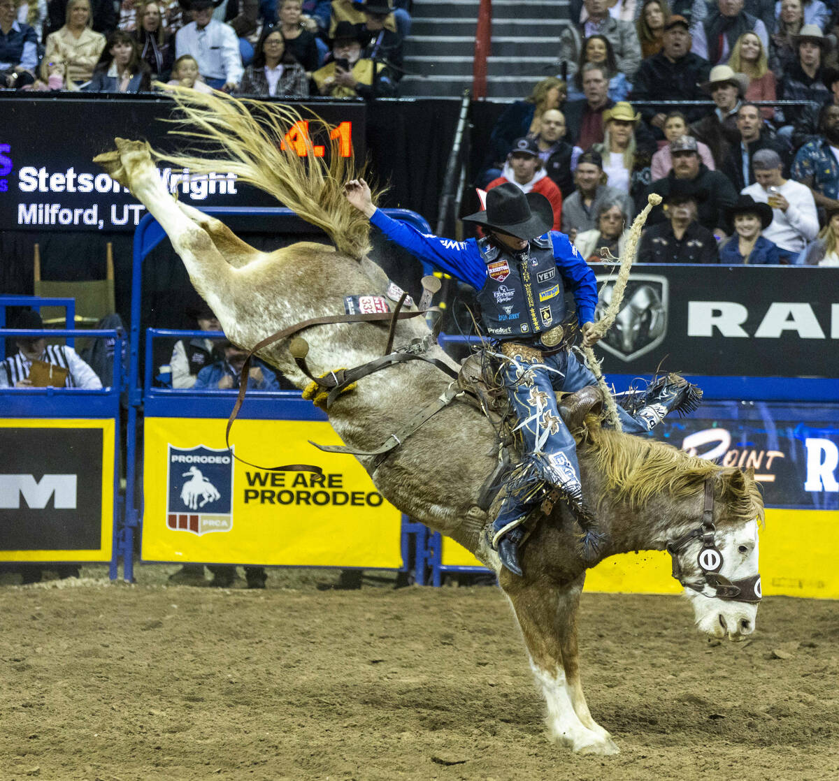 Stetson Wright of Milford, Utah, dominates on his ride in Saddle Bronc Riding during the Nation ...