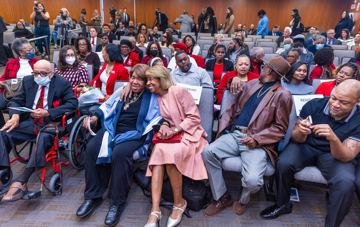 North Las Vegas Mayor Pamela Goynes-Brown hugs her mother Naomi Goynes joined by family and fri ...