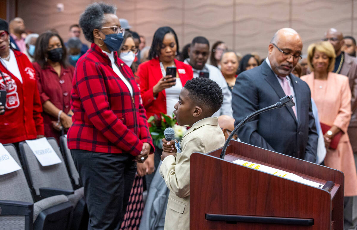 Sir Austin sings "God Bless America" at the inauguration for North Las Vegas Mayor Pa ...