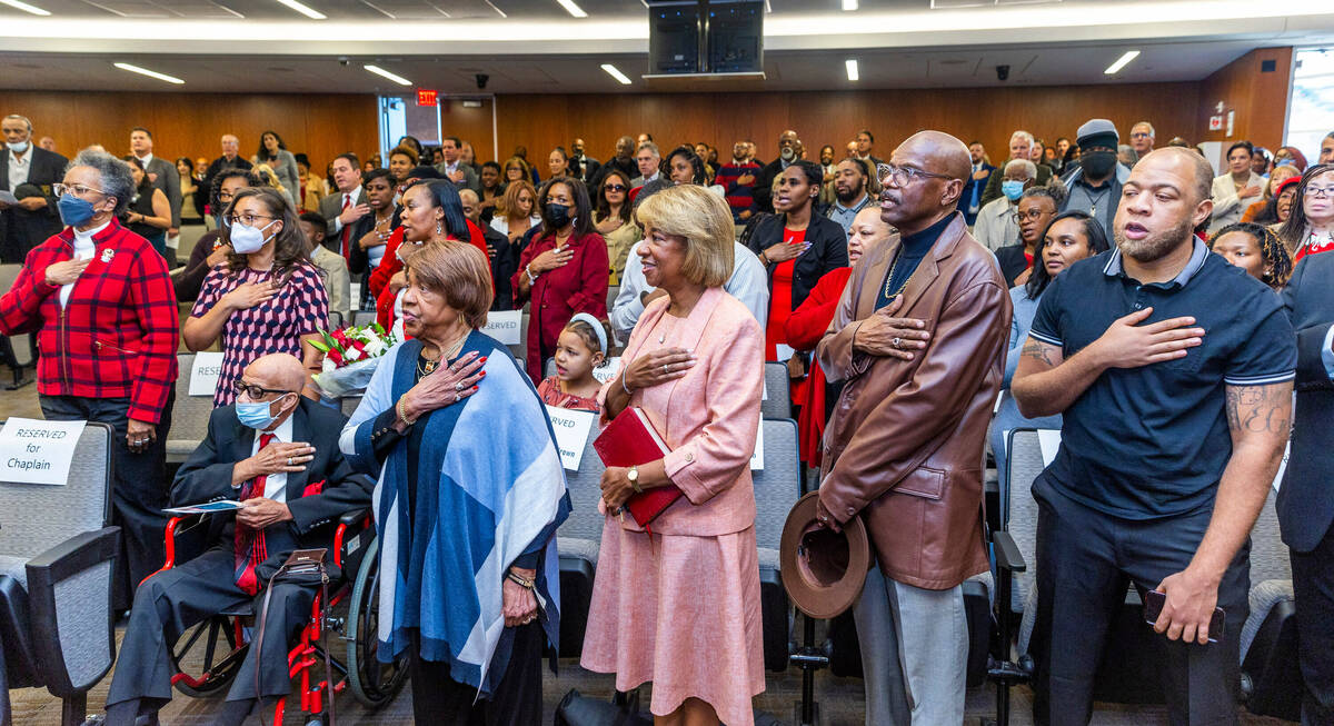 North Las Vegas Mayor Pamela Goynes-Brown, center, with family and friends give the Pledge of A ...