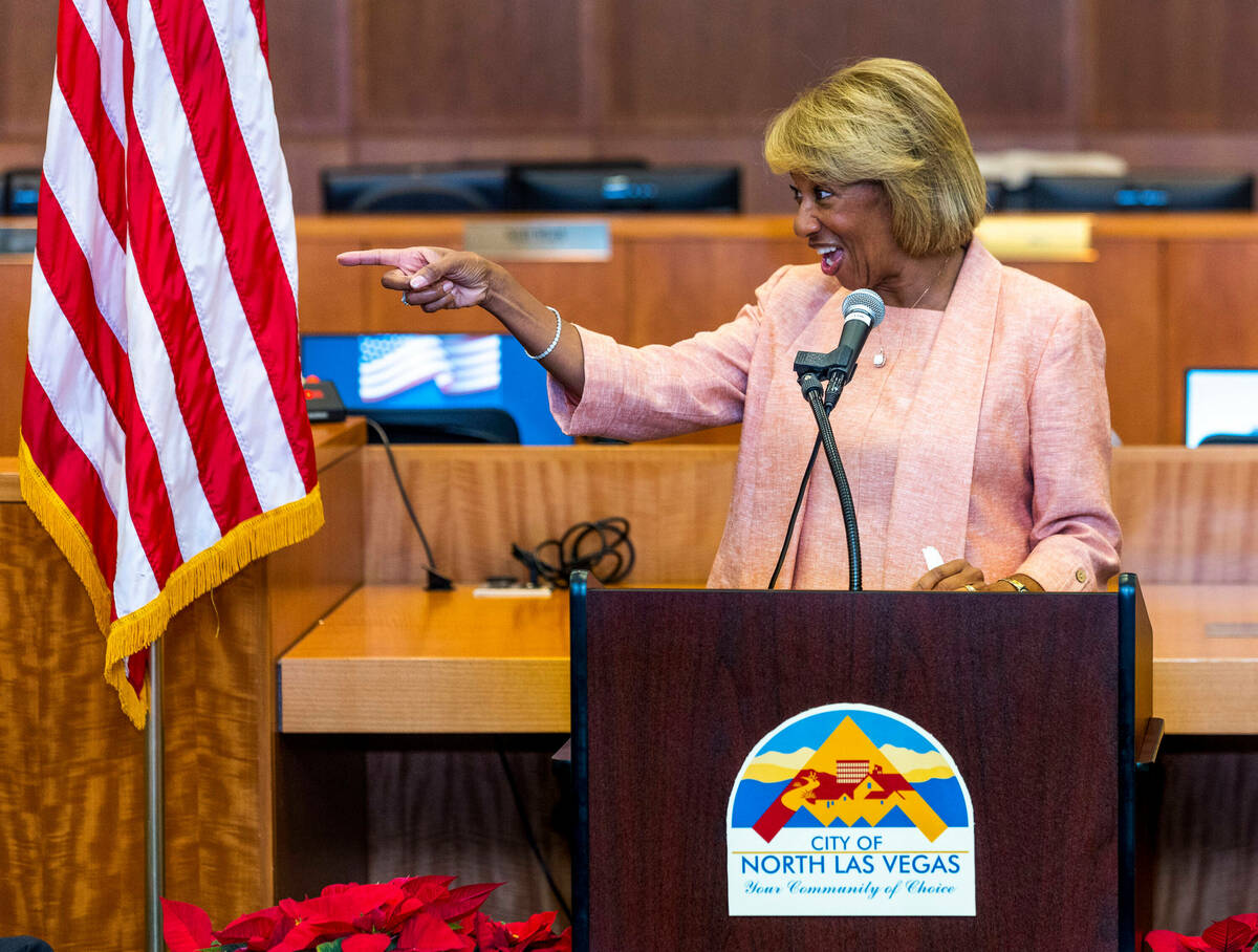 North Las Vegas Mayor Pamela Goynes-Brown, center, speaks during her inauguration becoming the ...