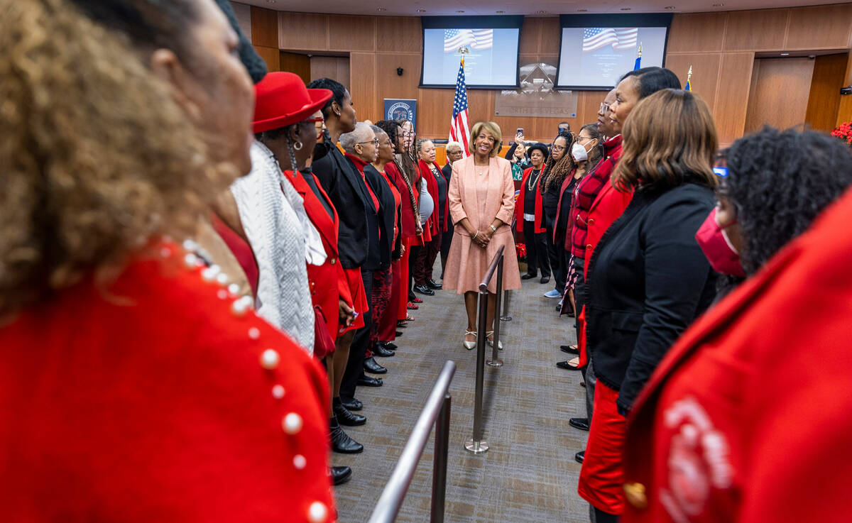 North Las Vegas Mayor Pamela Goynes-Brown, center, is sung to by her Delta Sigma Theta Sorority ...