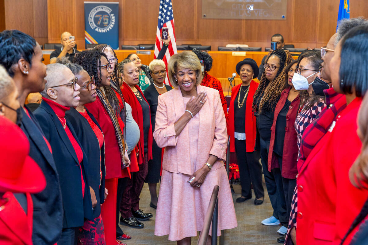 North Las Vegas Mayor Pamela Goynes-Brown, center, is sung to by her Delta Sigma Theta Sorority ...