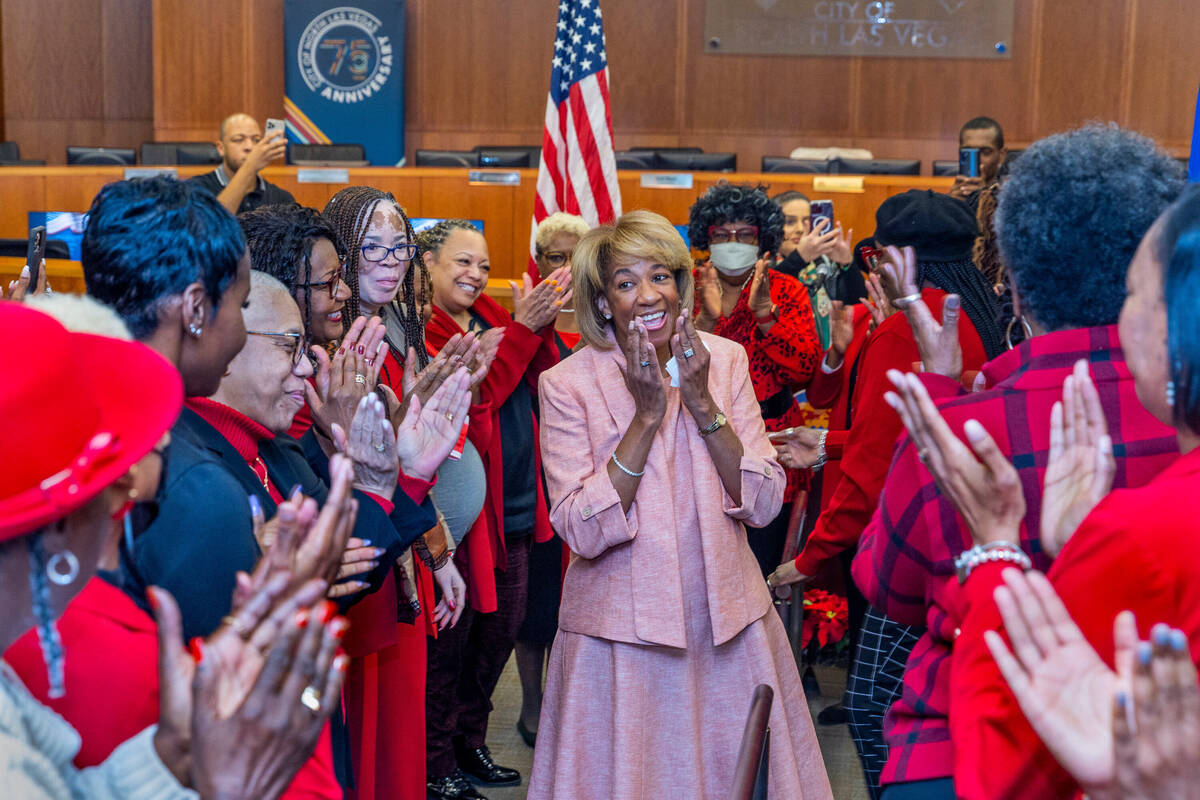 North Las Vegas Mayor Pamela Goynes-Brown, center, is applauded by her Delta Sigma Theta Sorori ...