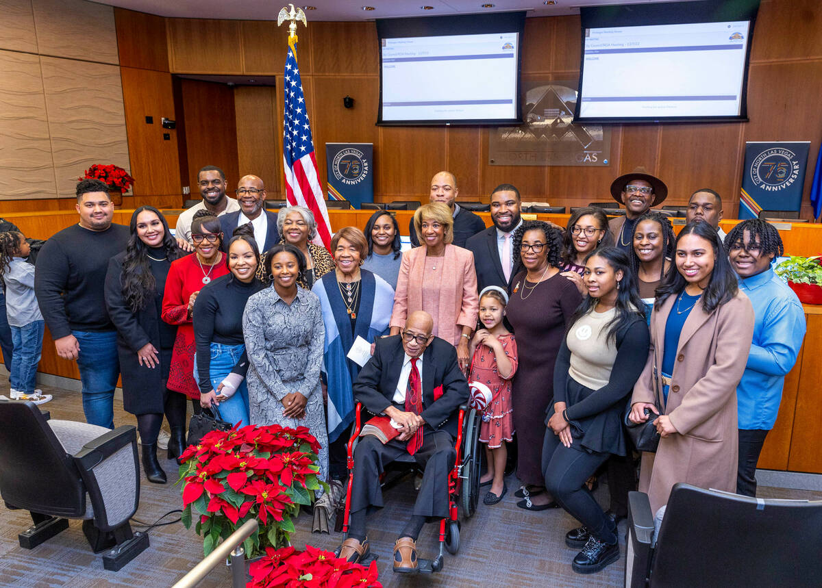 North Las Vegas Mayor Pamela Goynes-Brown, center, is surrounded for a photo by her family duri ...