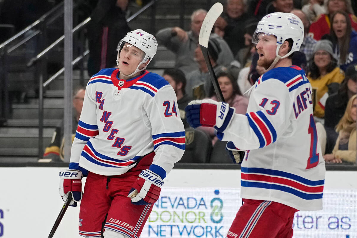 New York Rangers right wing Kaapo Kakko (24) reacts after scoring against the Vegas Golden Knig ...