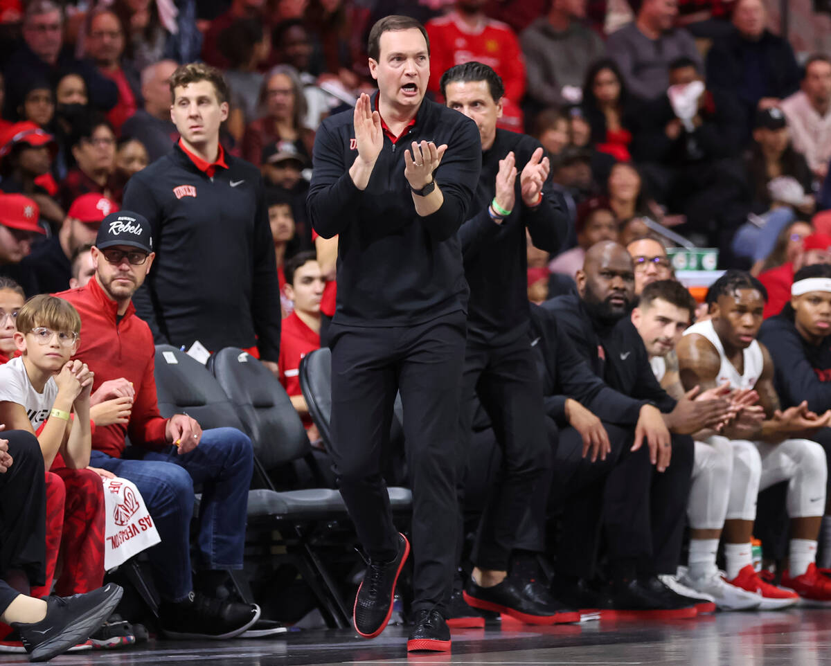 UNLV Rebels head coach Kevin Kruger reacts after a play against Hawaii during the first half of ...