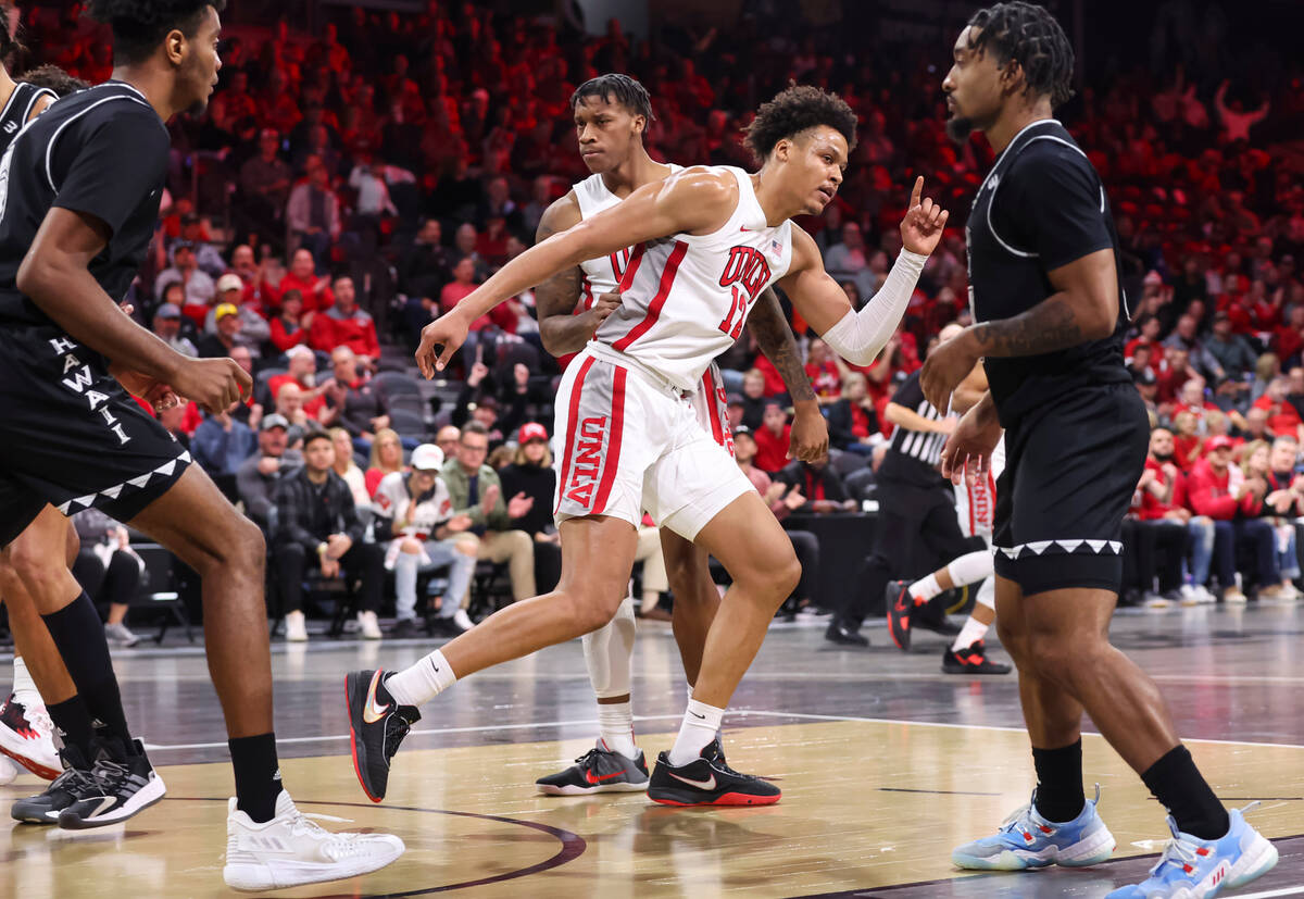UNLV Rebels center David Muoka (12) reacts after a play against Hawaii during the second half o ...