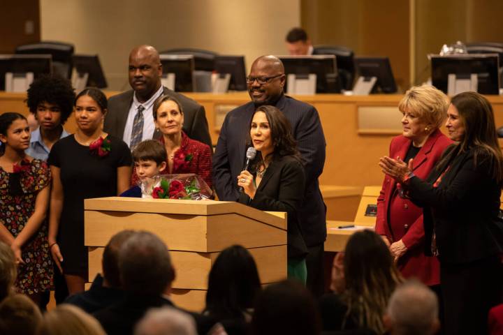 City Councilwoman Nancy Brune speaks after being sworn in by Mayor Carolyn Goodman at Las Vegas ...