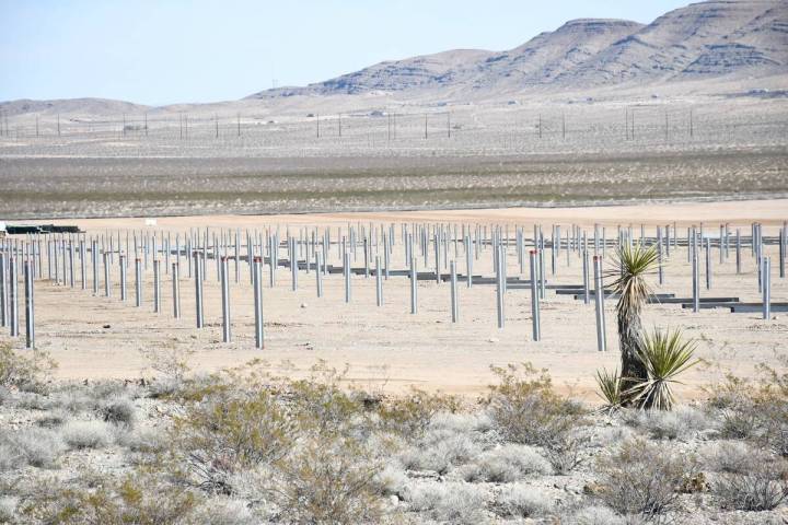An overview of construction on NV Energy's 150 megawatt Dry Lake Solar project in Clark County, ...