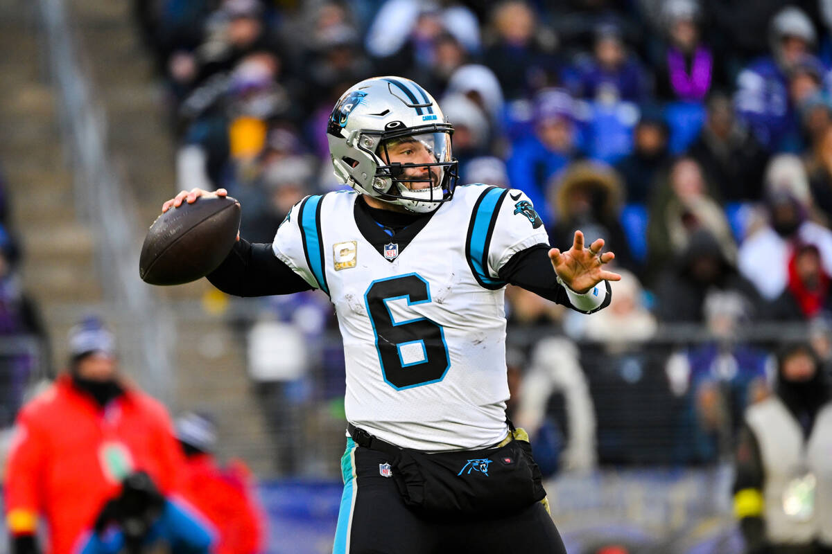 Carolina Panthers quarterback Baker Mayfield (6) looks to pass the ball during the second half ...