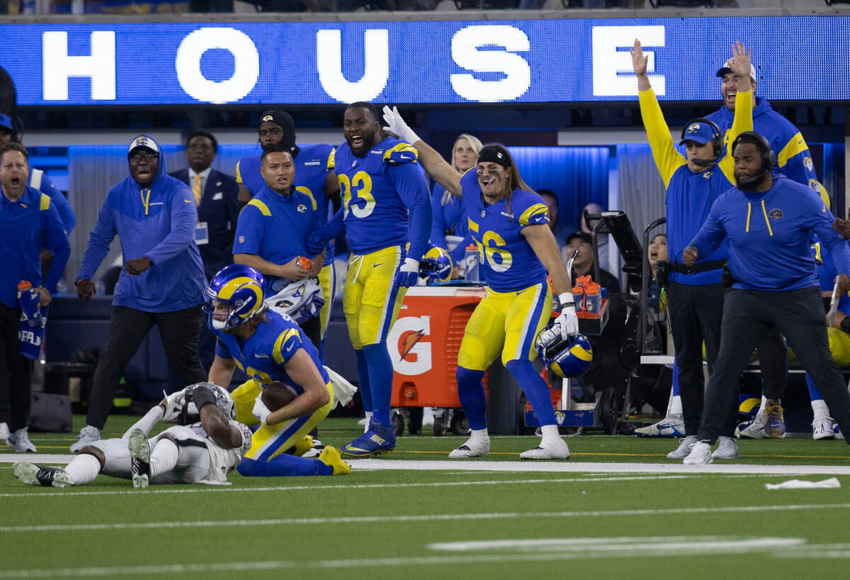 The Los Angeles Rams sideline celebrates a catch made by Los Angeles Rams wide receiver Ben Sko ...