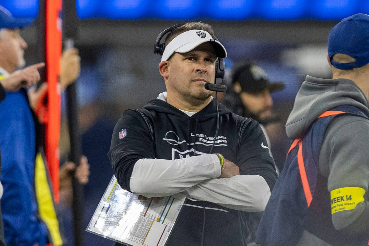 Raiders head coach Josh McDaniels looks on during the second half of an NFL game against the Lo ...