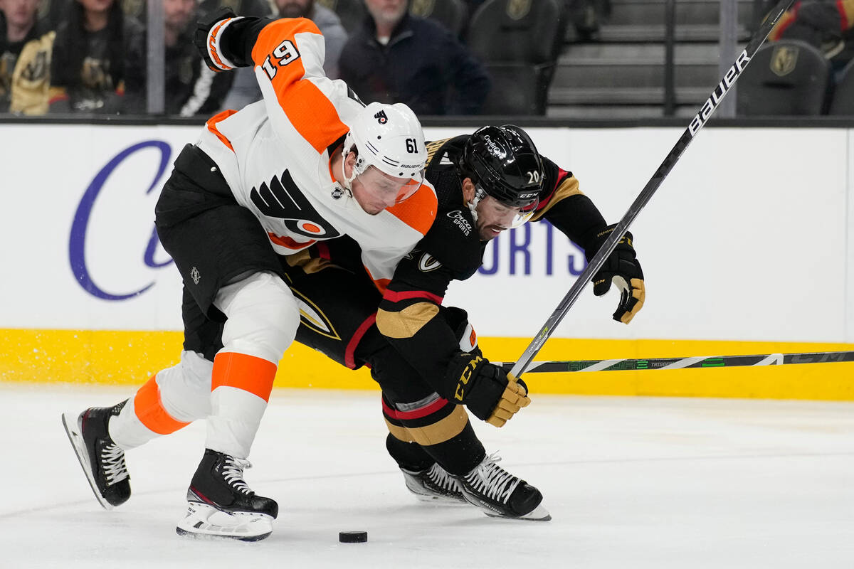 Philadelphia Flyers defenseman Justin Braun (61) and Vegas Golden Knights center Chandler Steph ...