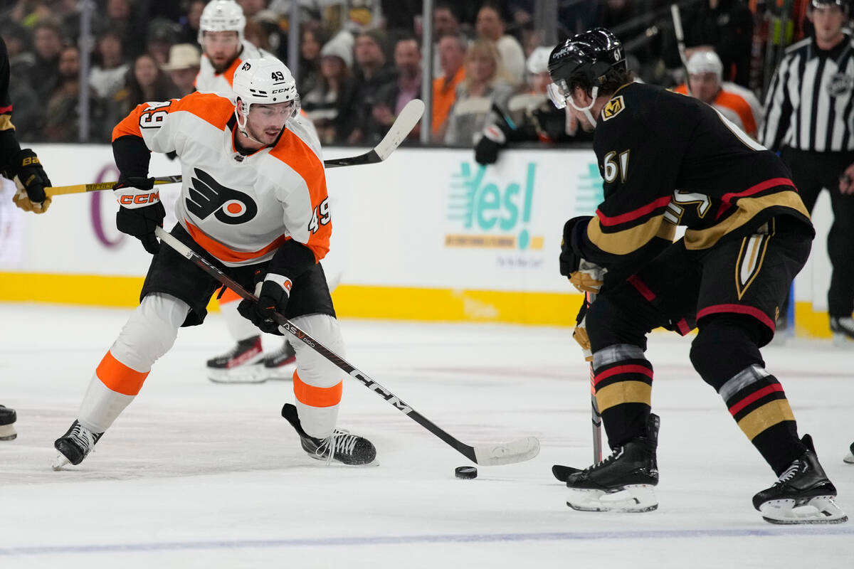 Philadelphia Flyers left wing Noah Cates (49) skates up the ice agianst Vegas Golden Knights ri ...