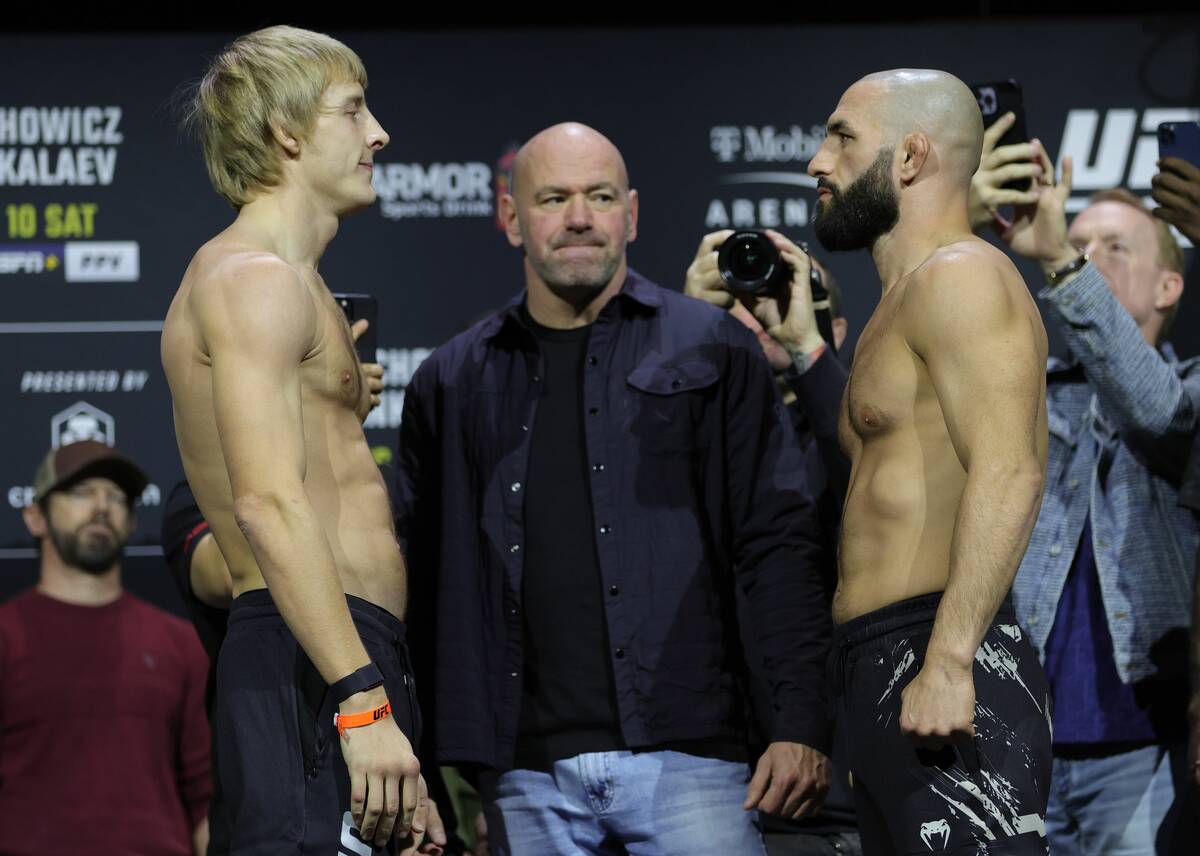 Paddy Pimblett of England, left, and Jared Gordon face off during the UFC 282 ceremonial weigh- ...