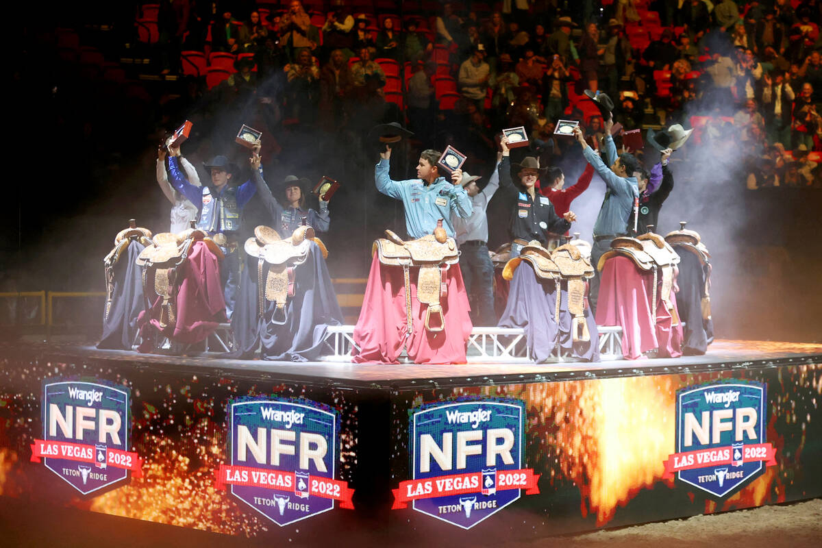 The champions of the 64th Wrangler National Finals Rodeo are presented following day 10 of the ...