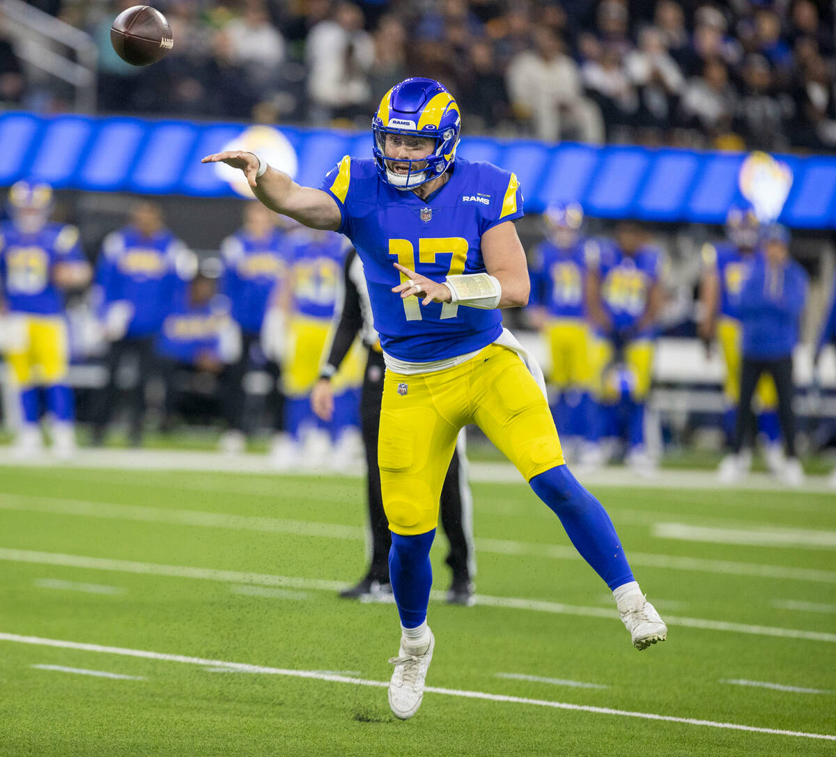 Los Angeles Rams quarterback Baker Mayfield (17) throws during the second half of an NFL game a ...