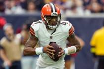 Cleveland Browns quarterback Deshaun Watson (4) looks to throw against the Houston Texans durin ...